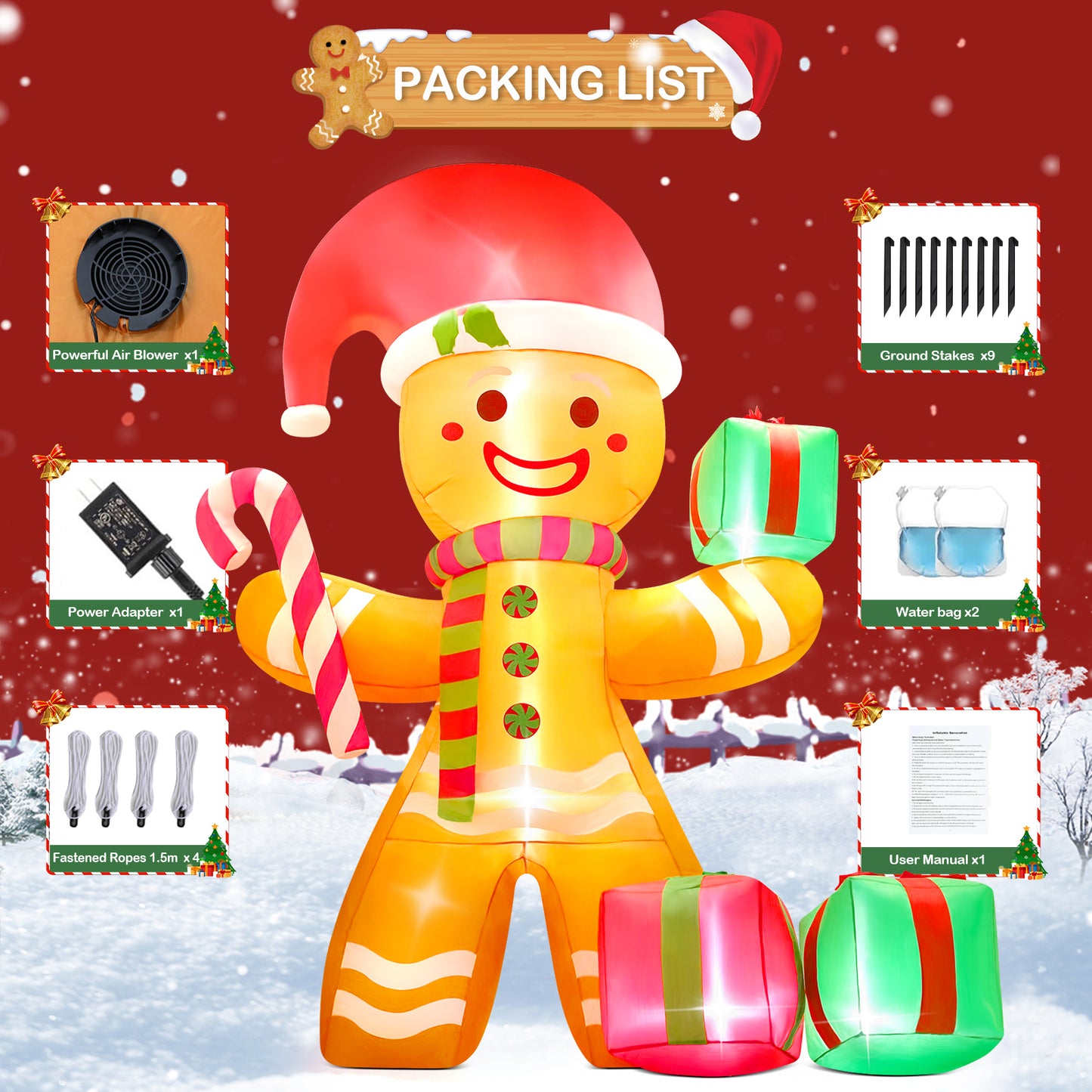 Yexmas 8 ft Christmas Inflatables Gingerbread Man Outdoor Decorations, Blow up Yard Christmas Decorations with Build-in LEDs for The Yard Lawn Garden