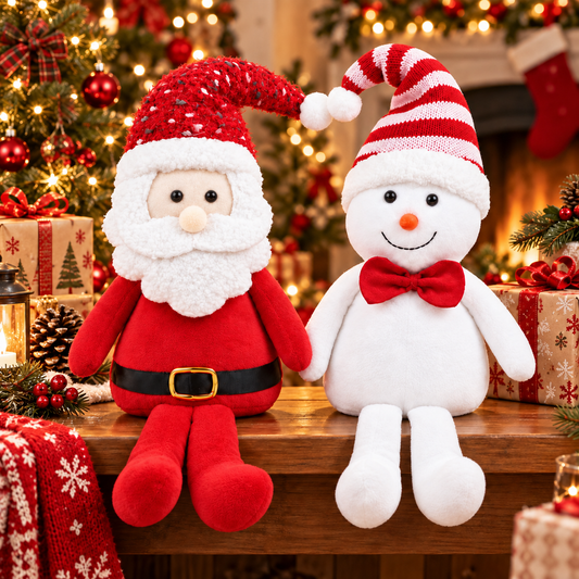 Yexmas 2pcs Plush Christmas Decorations with Snowman&Santa Claus, Handmade Soft Santa Doll, Stuffed Figurine Xmas Ornaments for Door Window Table Fireplace Party Holiday Decor