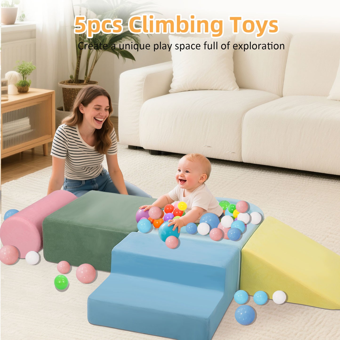 Lookfly 5-Piece Climbing Toys for Toddlers, Soft Foam Blocks with Ball Pit, Indoor Play Gym Set Baby Gift for toddlers 1–3