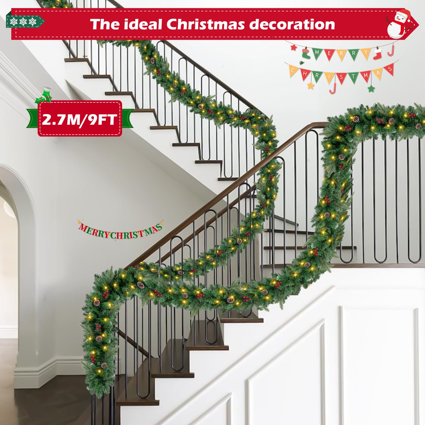 Yexmas 9ft Large Christmas Garland, Multi-Purpose Xmas Wreath with 90 LED Lights, Battery Operated
