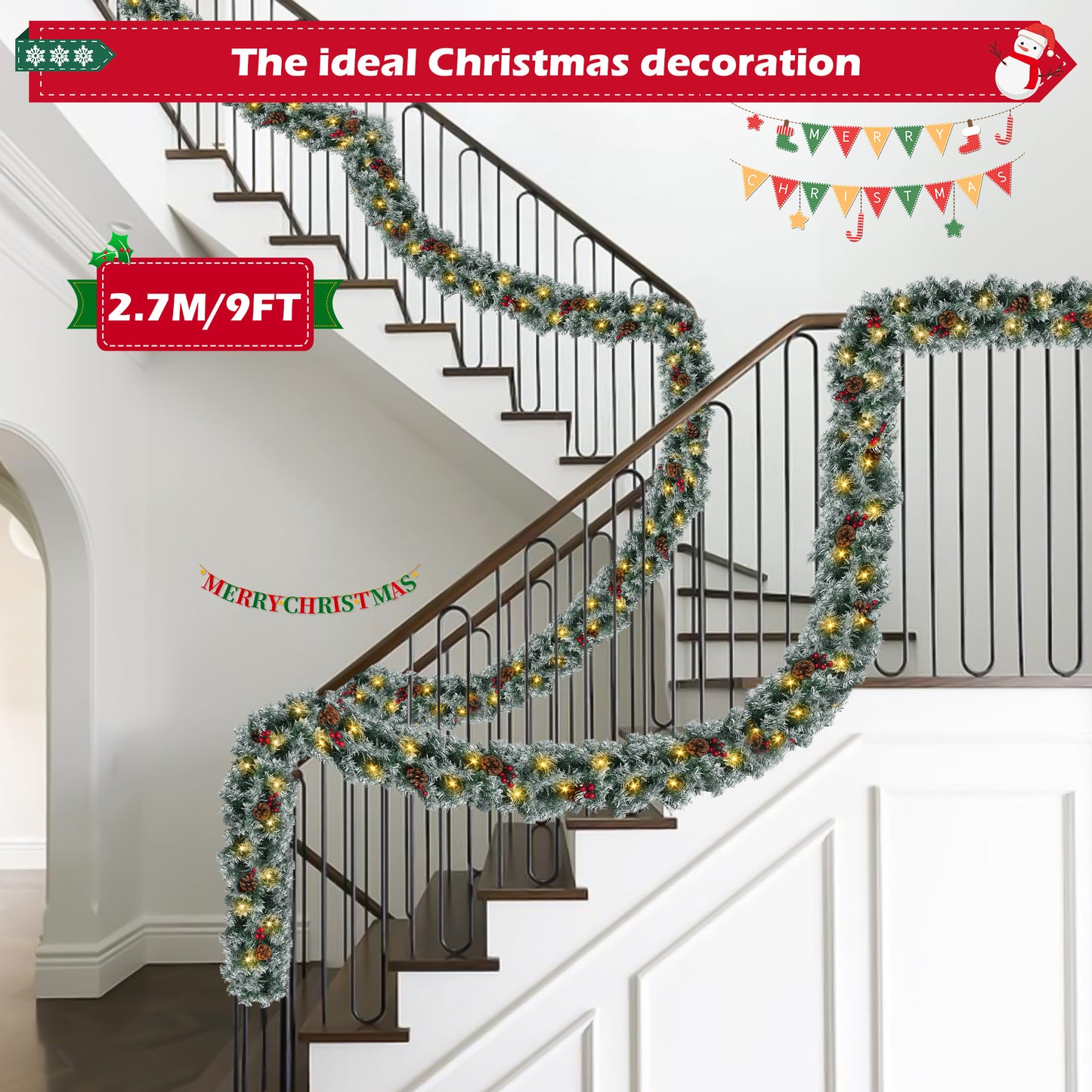 Yexmas 9ft Large Christmas Garland, Multi-Purpose Xmas Wreath with 60 LED Lights, Decorated with Pinecones, Berry Clusters, Battery Operated
