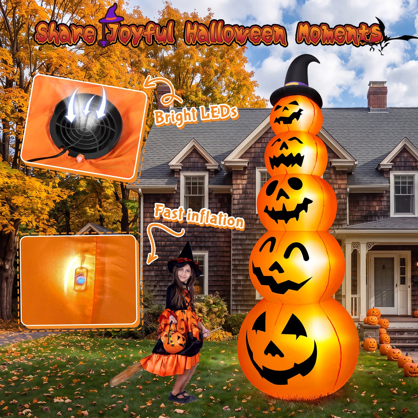 Yexmas 10ft Halloween Inflatable Pumpkins Outdoor Decor with Black Cat Tombstone and Spectre,Built-in LED Lights,for Halloween Party,Yard,Garden,Lawn
