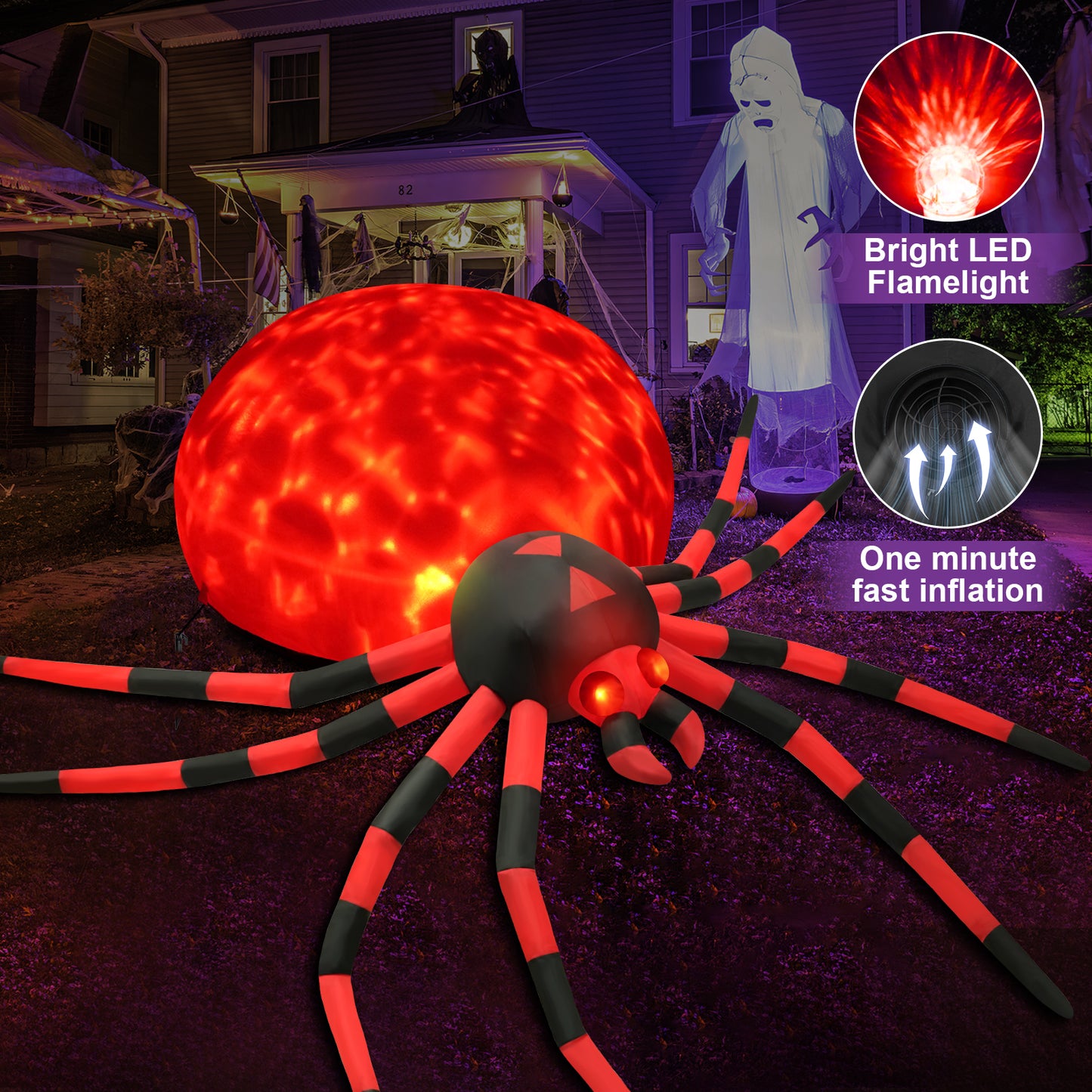 8FT Halloween Inflatables Outdoor Decorations Giant Spider Decorations with LED Lights and Air Pump Blow up Inflatable Red