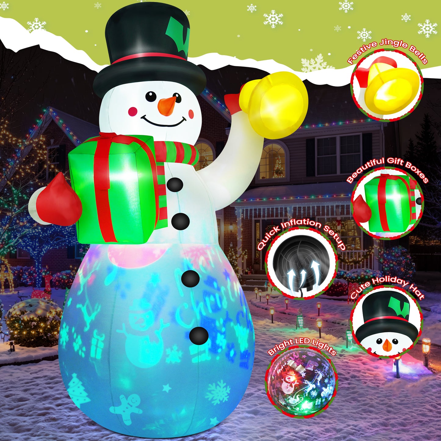 Yexmas 6.3FT Christmas Inflatable Snowman Blow Up Yard Decor with Gift Box and Bell, 360° Colorful Projection, Music On/Off Function, Built-in LED Lights, Outdoor Holiday Yard Decor
