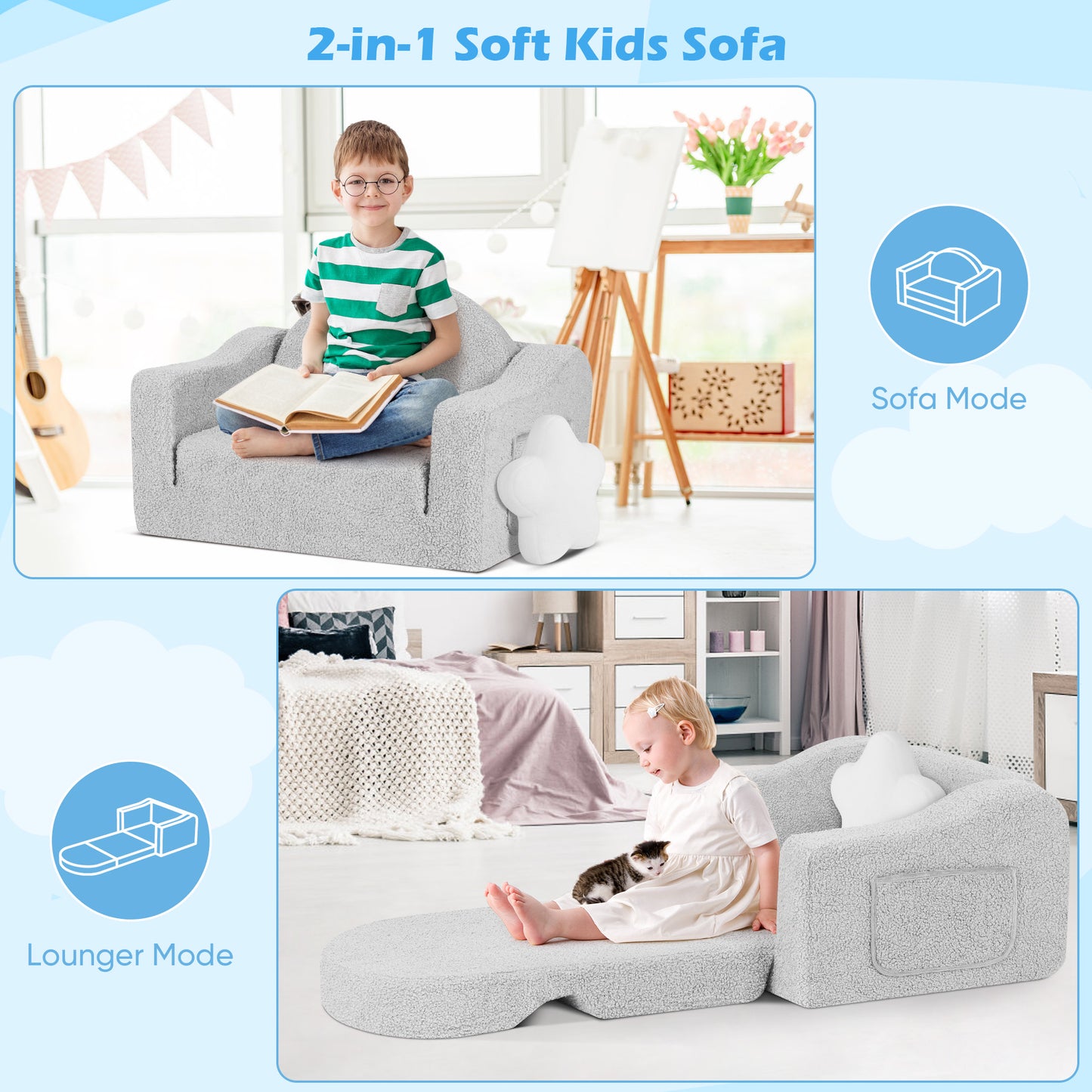 Babyeap Kids Sofa,2-in-1 Soft Toddler Couch Fold Out,Toddler Chair Baby Convertible Couch for Girls and Boys,Light Gray