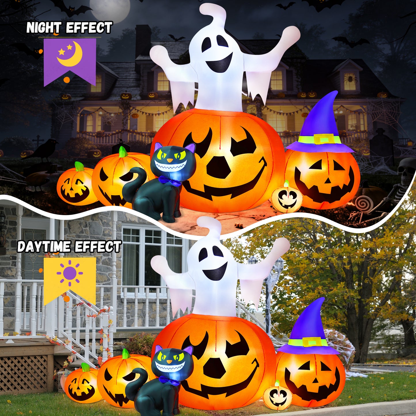 Yexmas 8FT Halloween Inflatable Decoration with Ghost, Black Cat and Pumpkins,Built-in LED Lights, Blow Up Halloween Yard Decor for Indoor/Outdoor Party,Yard, Lawn