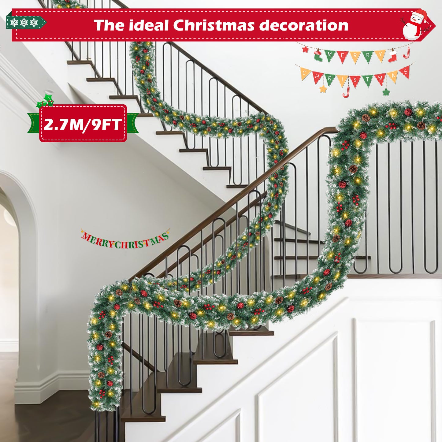 Yexmas 9ft Large Christmas Garland, Multi-Purpose Xmas Wreath with 45 LED Lights, Decorated with Pinecones, Berry Clusters, Battery Operated