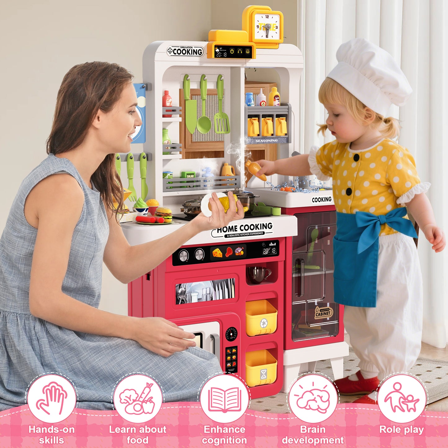 Lookfly Play Kitchens,68PCS Kids Kitchen Playset with Realistic Lights&Sounds,Toddler Kitchen Toy Gift for Boys and Grlis,Pink 32.3"H