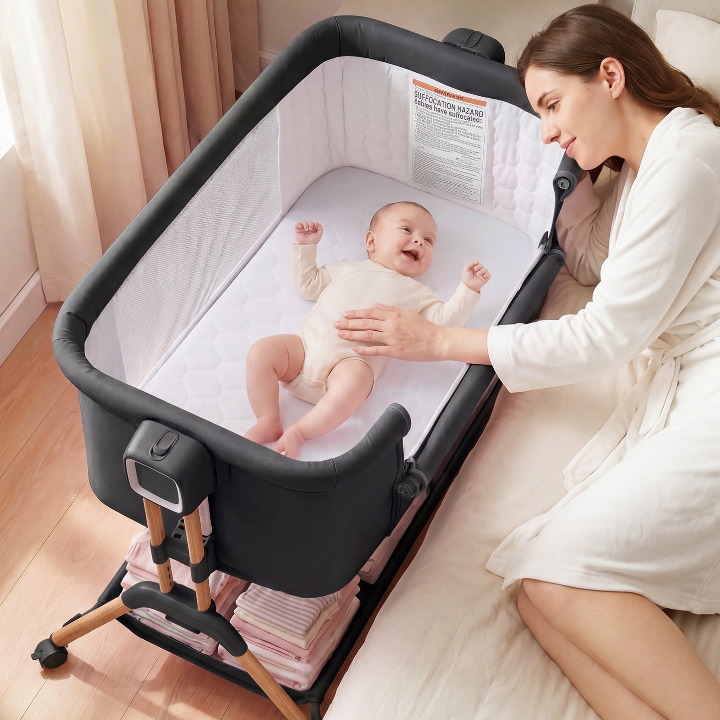 Babyeap 3-in-1 Baby Bassinet, Adjustable Bedside Sleeper with Gentle Rocking Motion, Storage Basket and Wheels for Infants, Gray