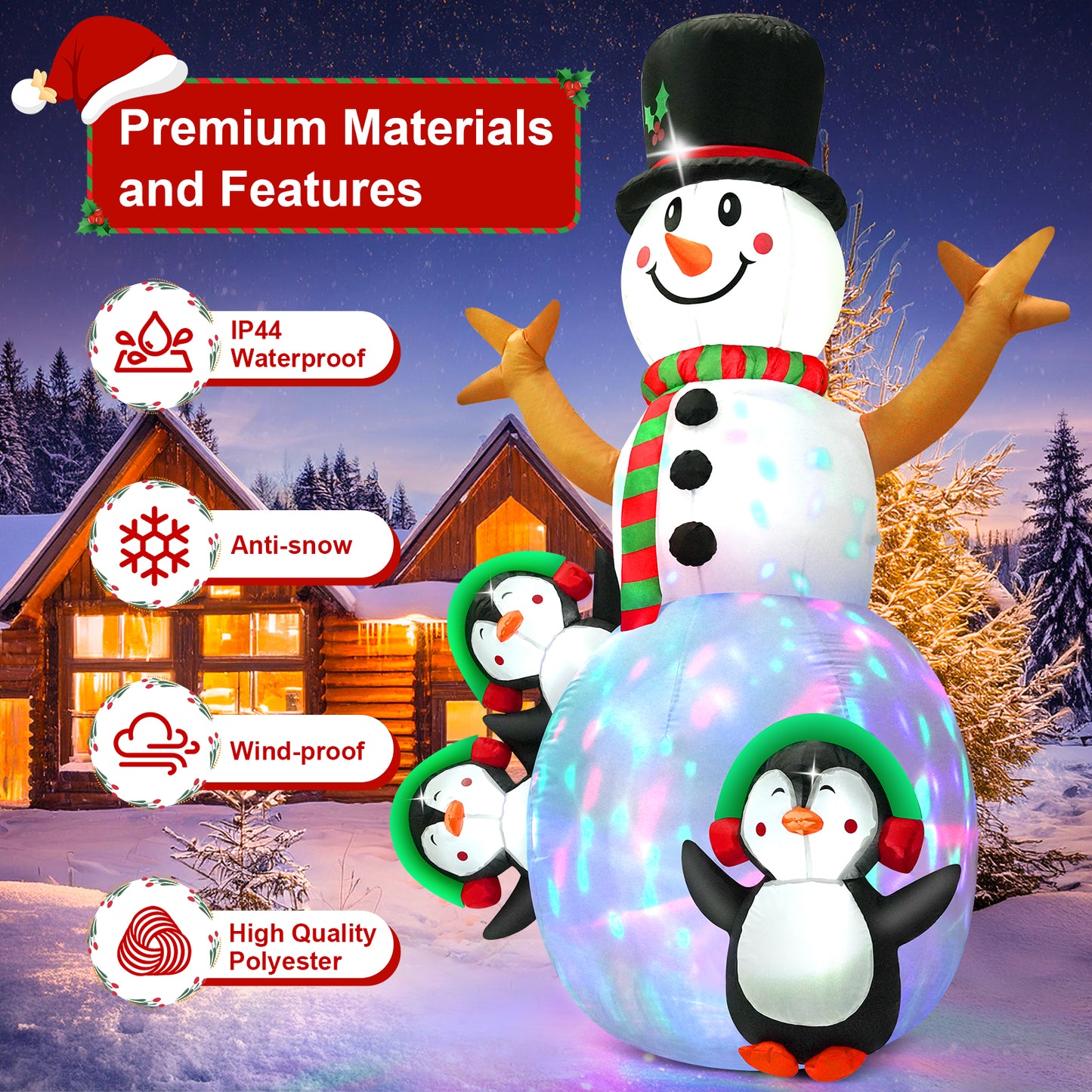 LOOKFLY 6.3  ft Christmas Snowman Inflatable Outdoor Decoration with Build-in Multicolor LEDs, Snowman Penguin Blow up Inflatables for Xmas Party