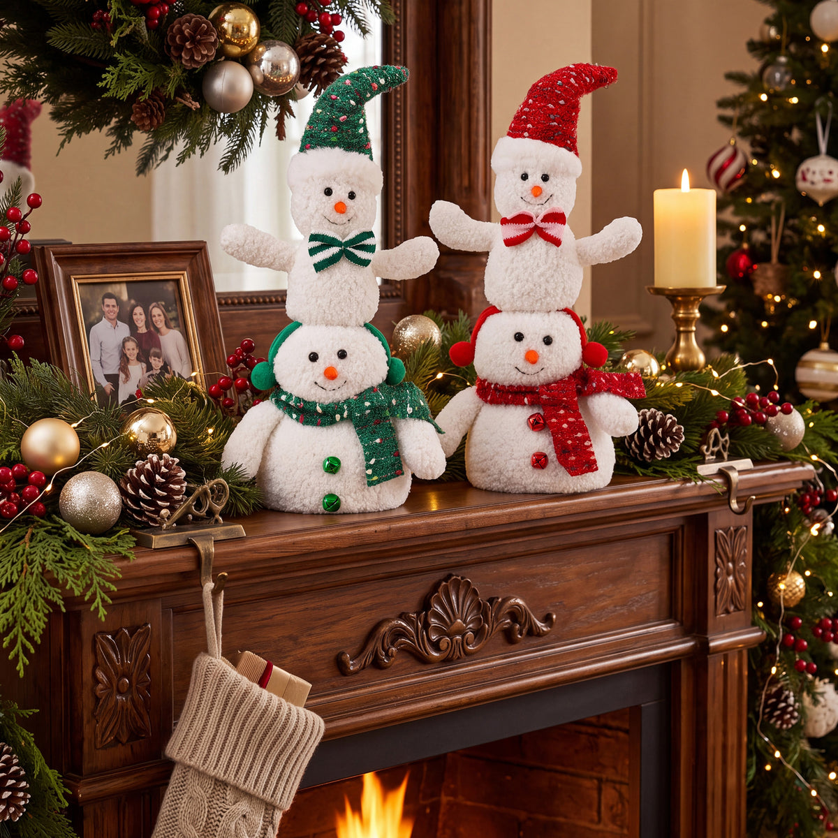 Yexmas 2pcs Snowman Plush Christmas Decorations, Handmade Snowman Figurine, Stuffed Doll Xmas Ornaments for Tabletop Home Fireplace Party Indoor Holiday Party Decor