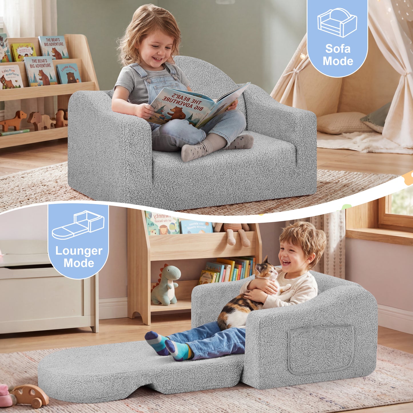 Babyeap Kids Sofa,2-in-1 Soft Toddler Couch Fold Out,Toddler Chair Baby Convertible Couch for Girls and Boys,Light Gray