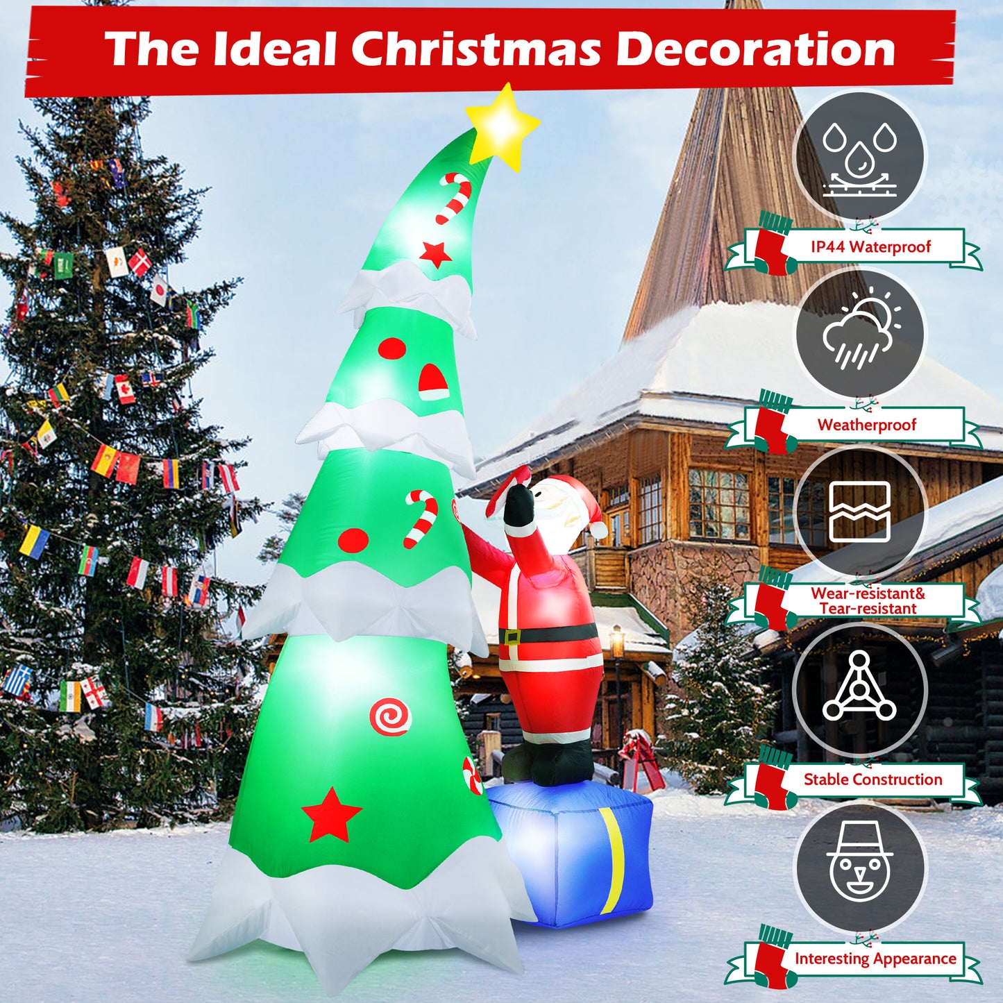 Yexmas 7FT Large Outdoor Inflatable Christmas Tree with Santa Claus on Gift Box, Built-in LED Lights, Blow Up Xmas Decoration for Yard, Garden, Lawn, Holiday Party