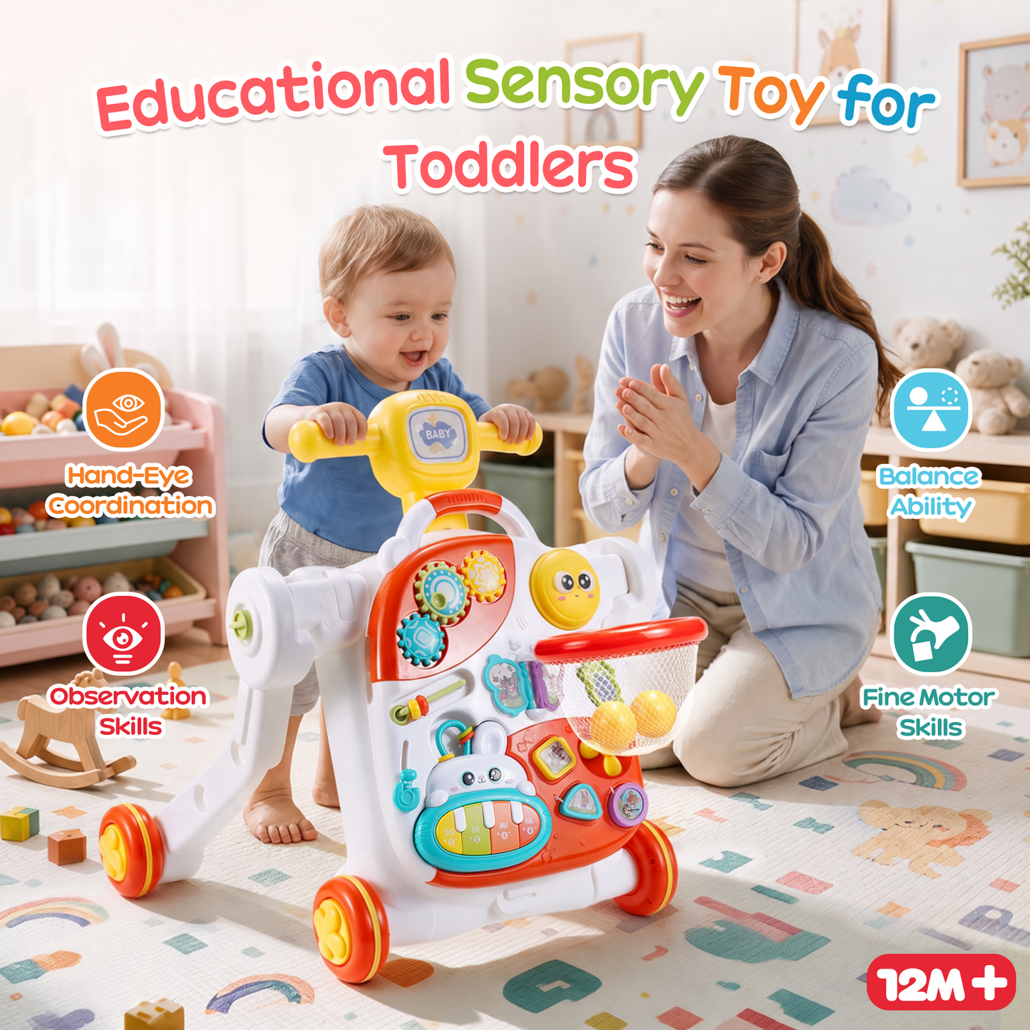 Yexmas 4-in-1 Baby Walker, Baby Push Walker with Wheels, Sit-to-Stand Baby Activity Center, Early Learning Walking Toys, Birthday&Christmas Gift for Toddlers