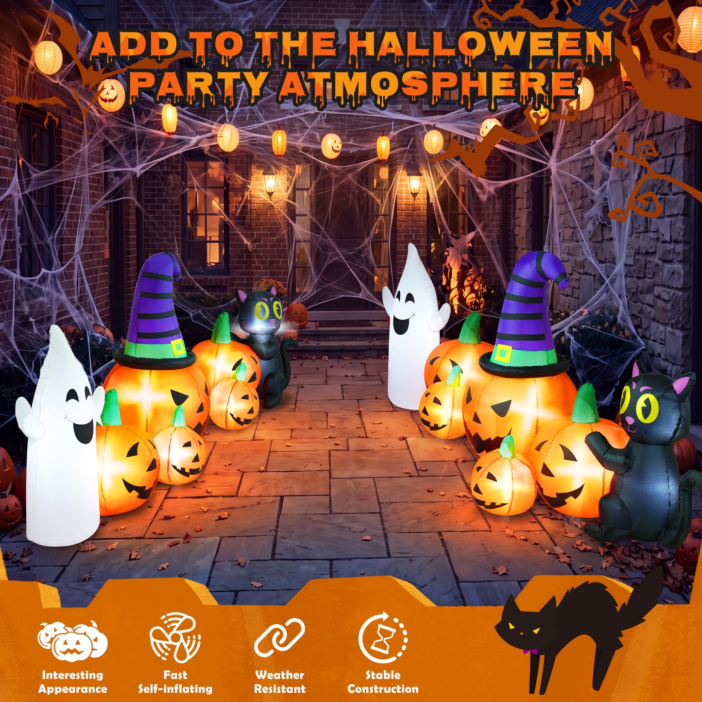 Yexmas 8FT Long Halloween Inflatable Pumpkin with Ghost and Black Cat,Outdoor Halloween Decoration with LED Lights for Yard Lawn Garden Porch Party Decor