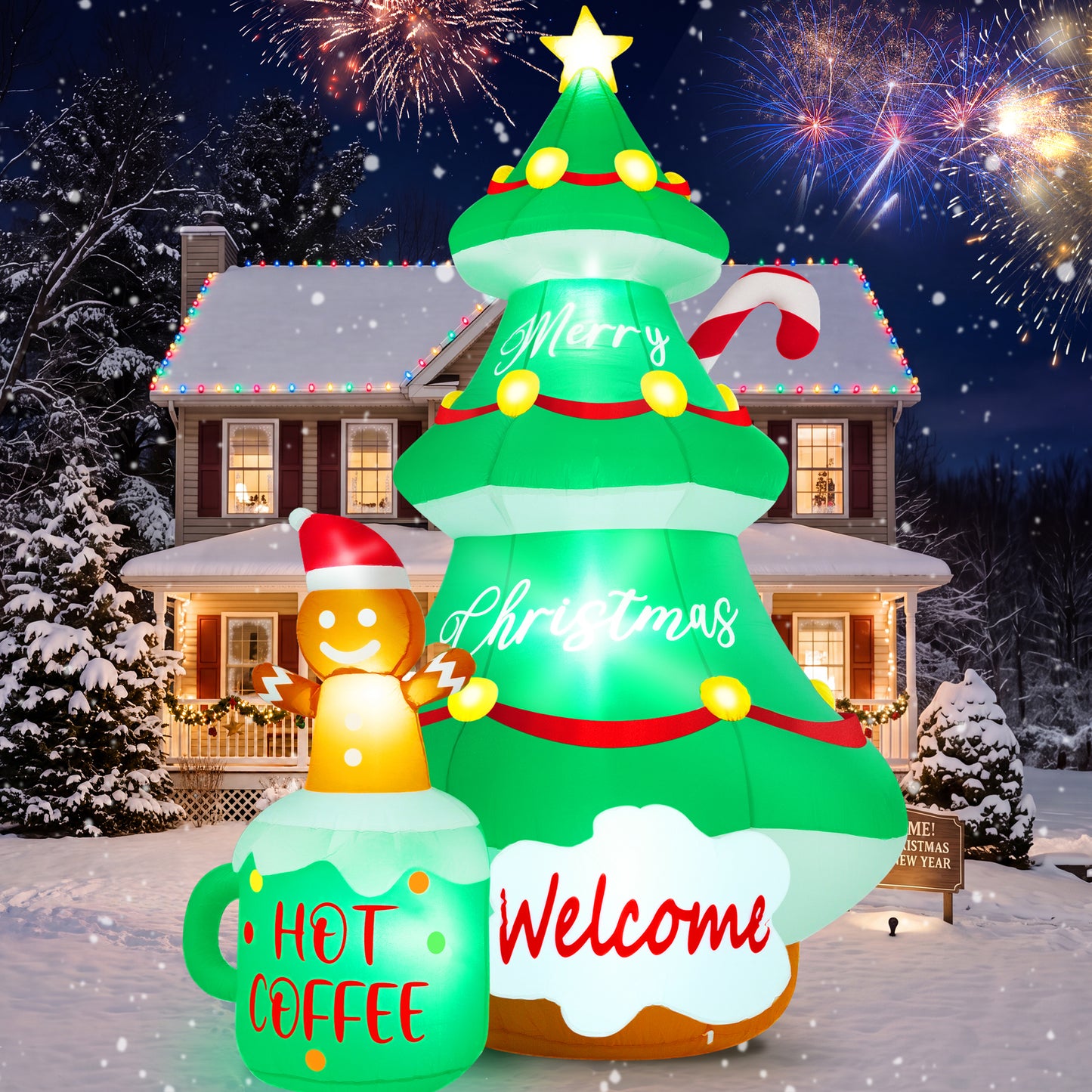 Yexmas 7FT Large Outdoor Inflatable Christmas Tree with Snowman, Hot Coffee Cup and Welcome Sign, Built-in LED Lights, Blow Up Xmas Decoration for Yard, Garden, Lawn
