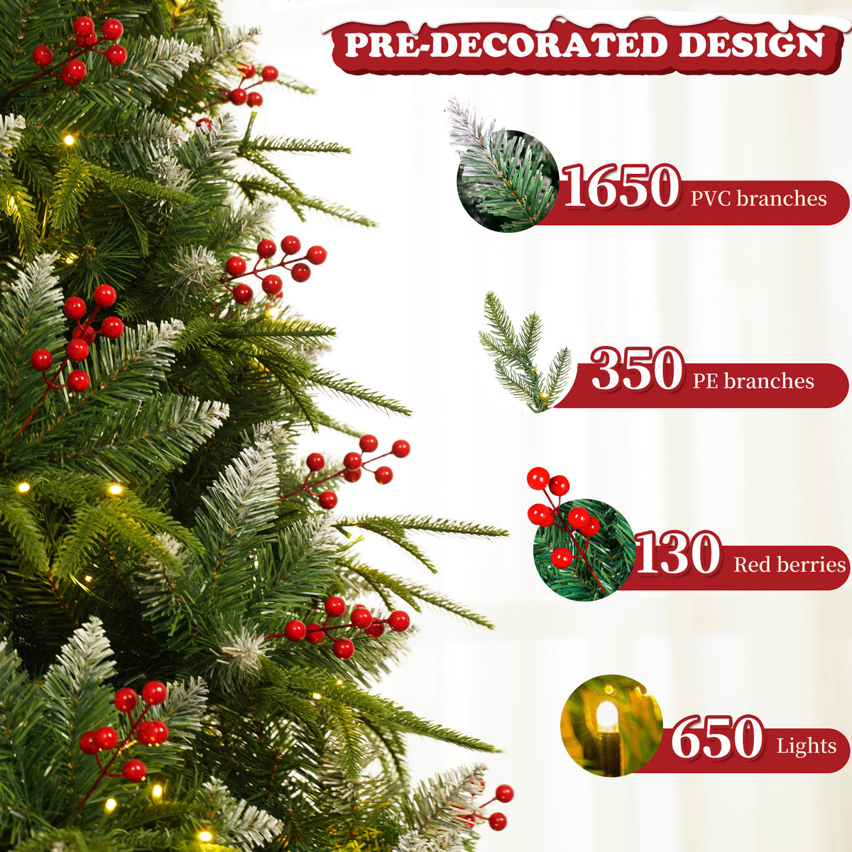 Yexmas 9ft Pre-Lit Artificial Christmas Trees,Green Xmas Tree with Large Christmas Tree Storage Bag, Berries, Realistic Artificial Christmas Trees for Home, Office, Party Decoration
