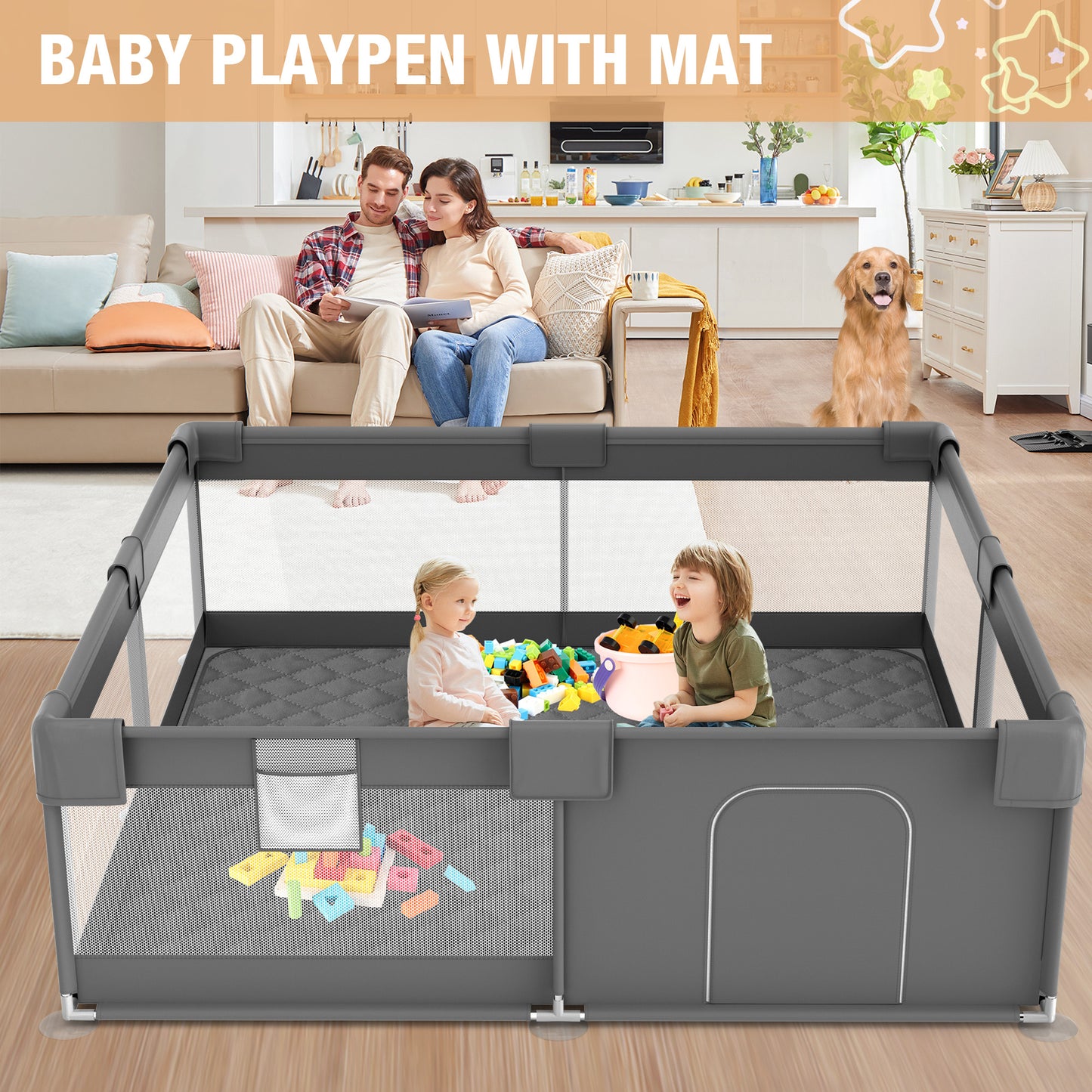 Babyeap Baby Playpen With Mat,50"x50"Play Pen for Babies and Toddlers,Play Yard With Gate for Indoor Outdoor,Dark Gray