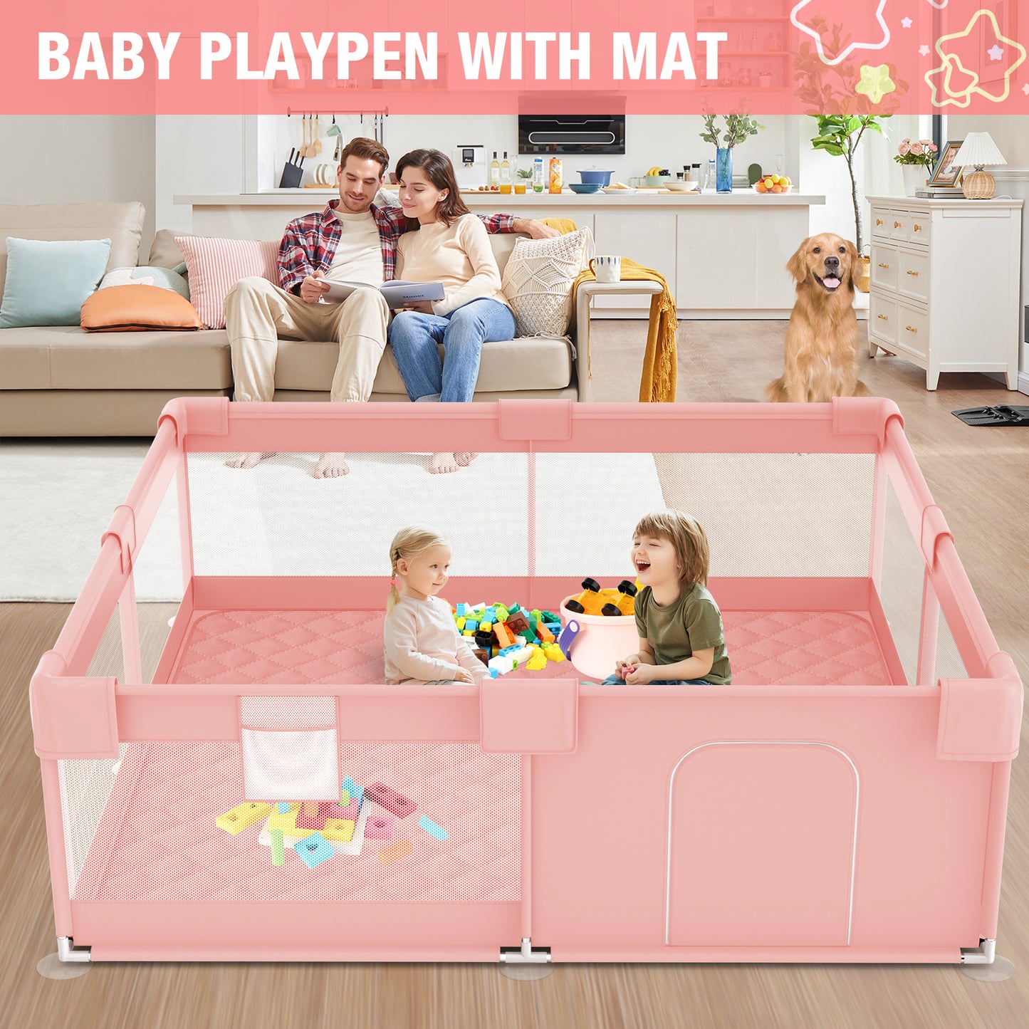 Babyeap Baby Playpen With Mat,50"x50"Play Pen for Babies and Toddlers,Play Yard With Gate for Indoor Outdoor,Pink