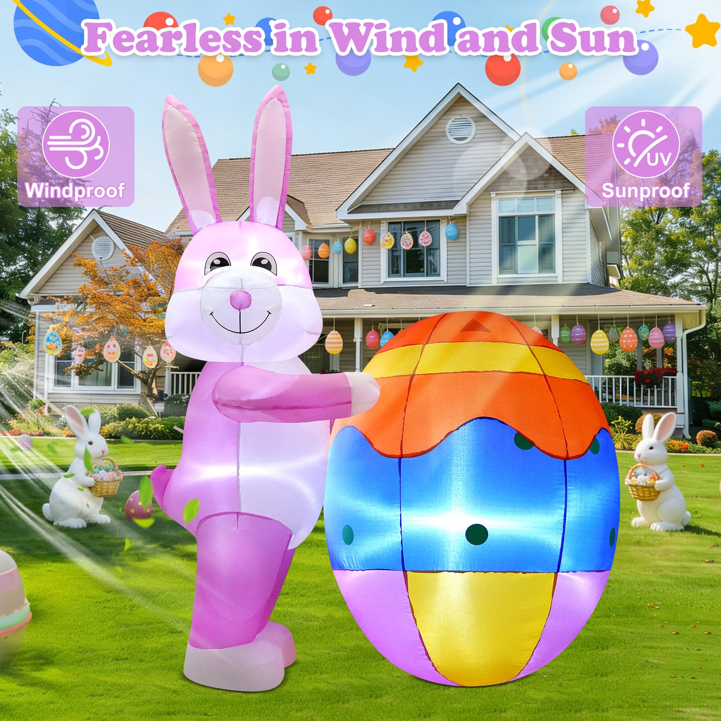 Yexmas 6ft Easter Inflatables,Blow Up Yard Outdoor Decoration with LED Lights Bunny Decorations with Egg for Lawn Garden Holiday Party