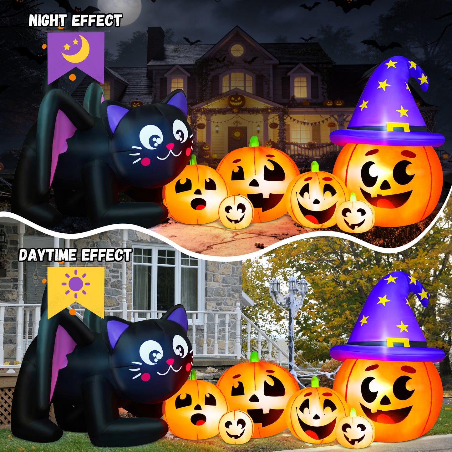 Yexmas 9FT Halloween Inflatable Black Cat with Pumpkin,Halloween Yard Decoration with 8 LED Lights,Blow Up Outdoor Lawn Decor
