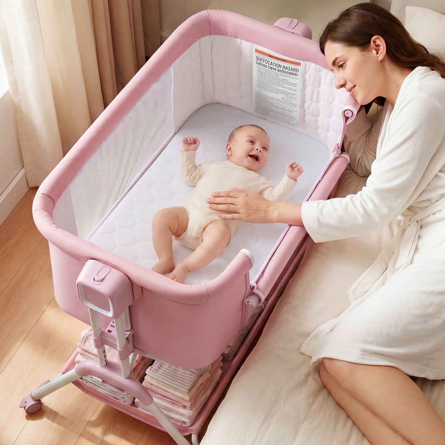 Babyeap 3-in-1 Baby Bassinet, Adjustable Bedside Sleeper with Gentle Rocking Motion, Storage Basket and Wheels for Infants, Gray