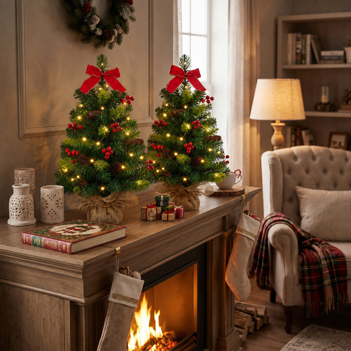 Yexmas 2PCS Pre-lit Artificial Mini Christmas Tree,24 Inch Small Tabletop Xmas Tree for Indoor Outdoor Christmas Decor