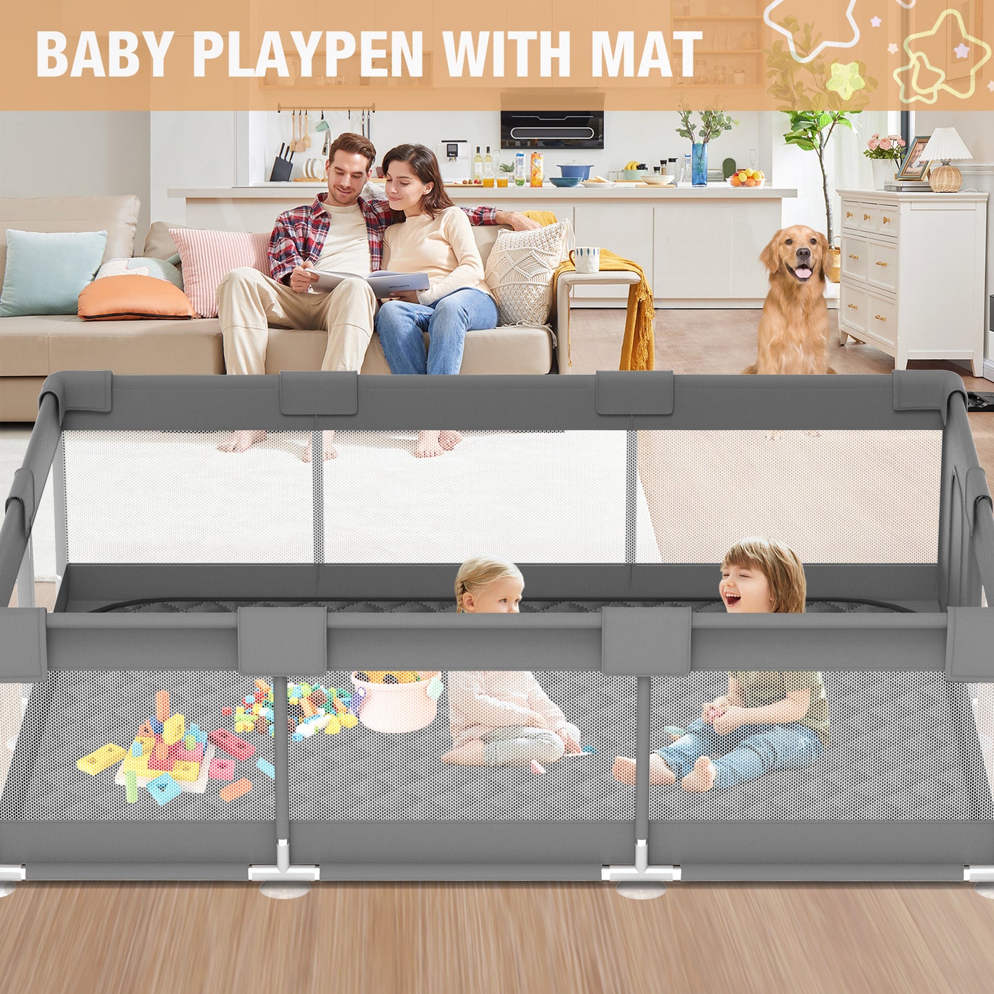 Babyeap Large Baby Playpen with Mat,71"x50"Playpen for Babies and Toddlers,Baby Play Yard Baby Fence Play Area Indoor Outdoor,Dark Gray