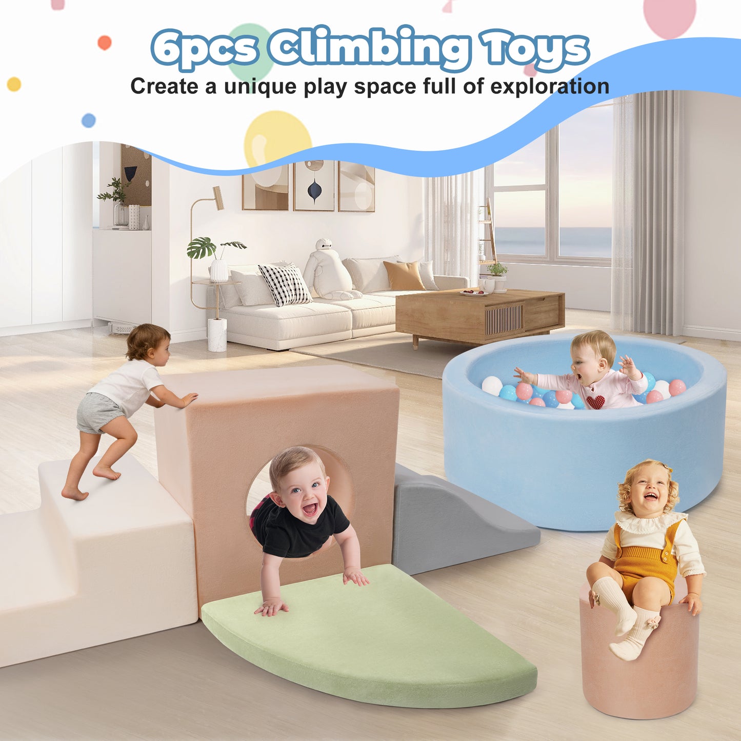 Yexmas 6-Piece Climbing Toys Soft Foam Set with Ball Pit,Indoor Play Gym Set for Toddlers Ages 1-3