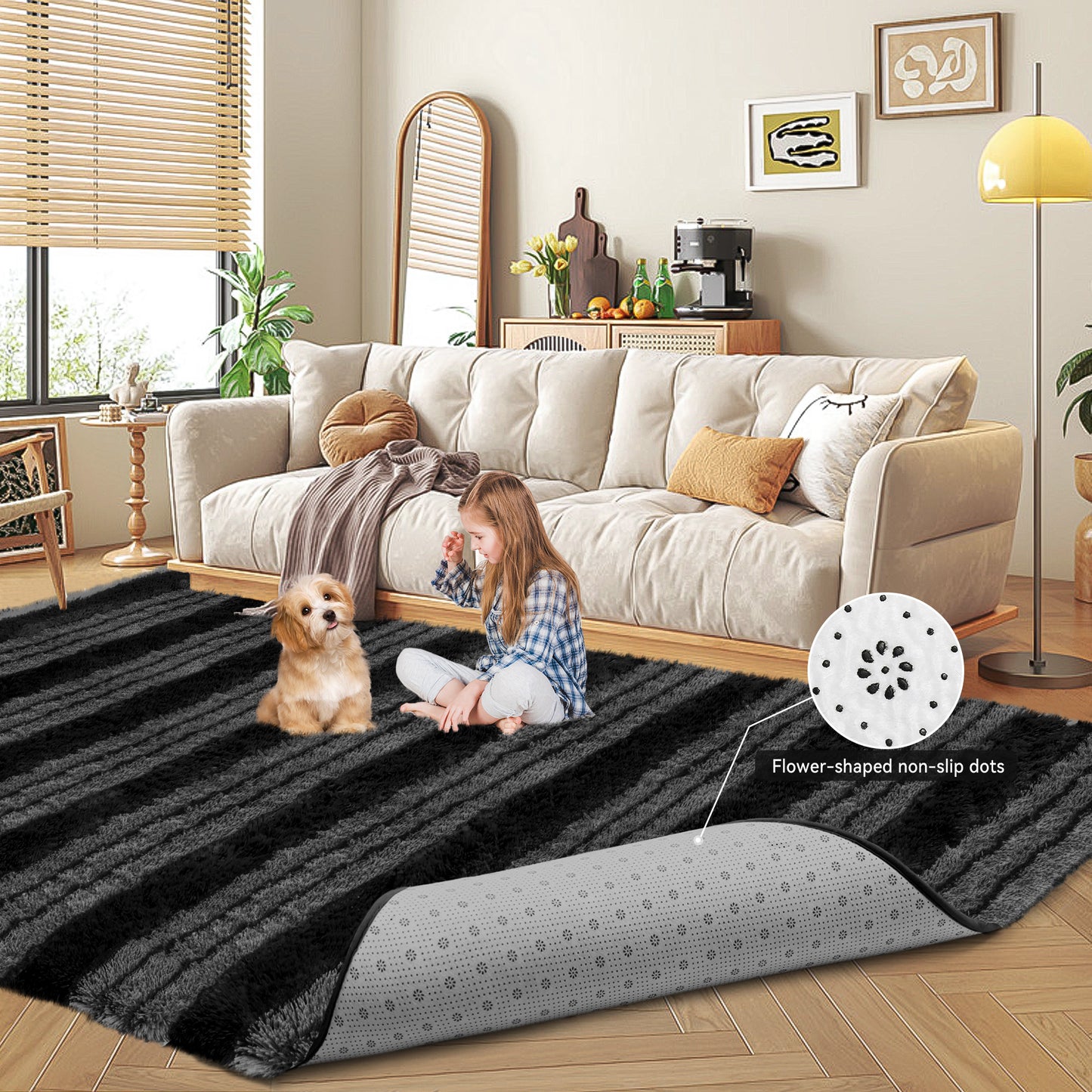 CozyDesg Soft Area Rugs for Living Room Bedroom,Large Rug Fluffy Fuzzy Shag Shaggy Soft Plush Carpet,Indoor Floor Carpet for Dining Room Home Decor,Dark Gray & Black