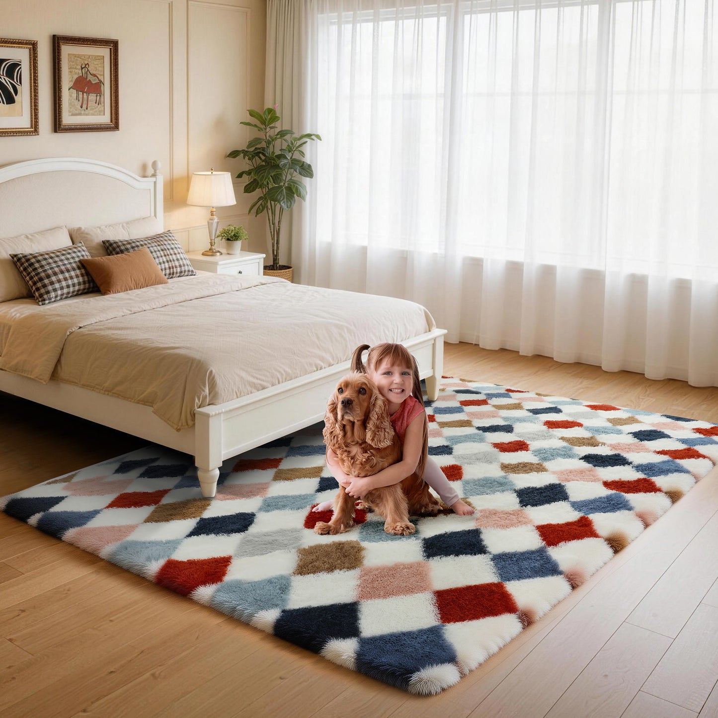 CozyDesg 4ftx6ft Area Rugs,Shag Fluffy Checkered Rugs for Living Room,Bedroom,Modern Room Decor Carpet, Non-Slip Floor Rug,Colorful B
