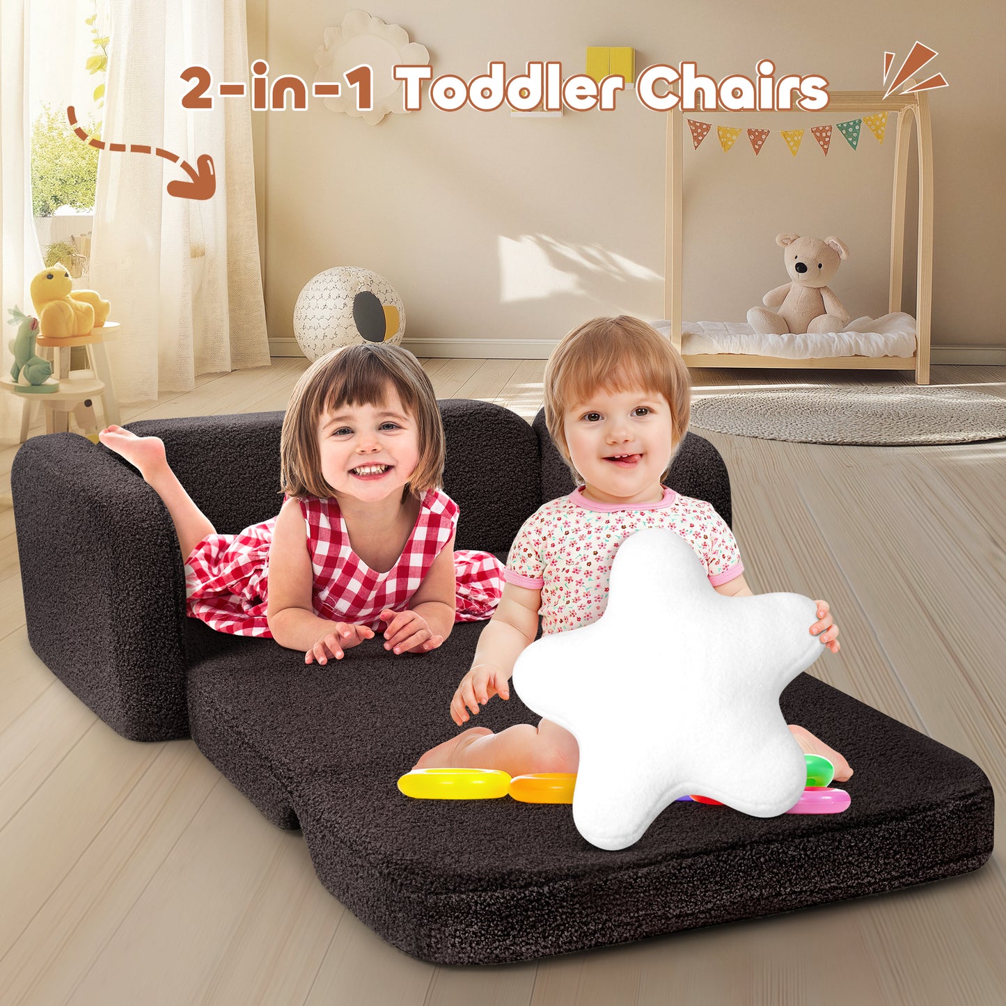 Babyeap Extra Wide Kids Chair,2-in-1 Convertible Toddler Chairs,Soft Comfy Kids Couch, Kids Sofa for Boys & Girls 3+,Brown