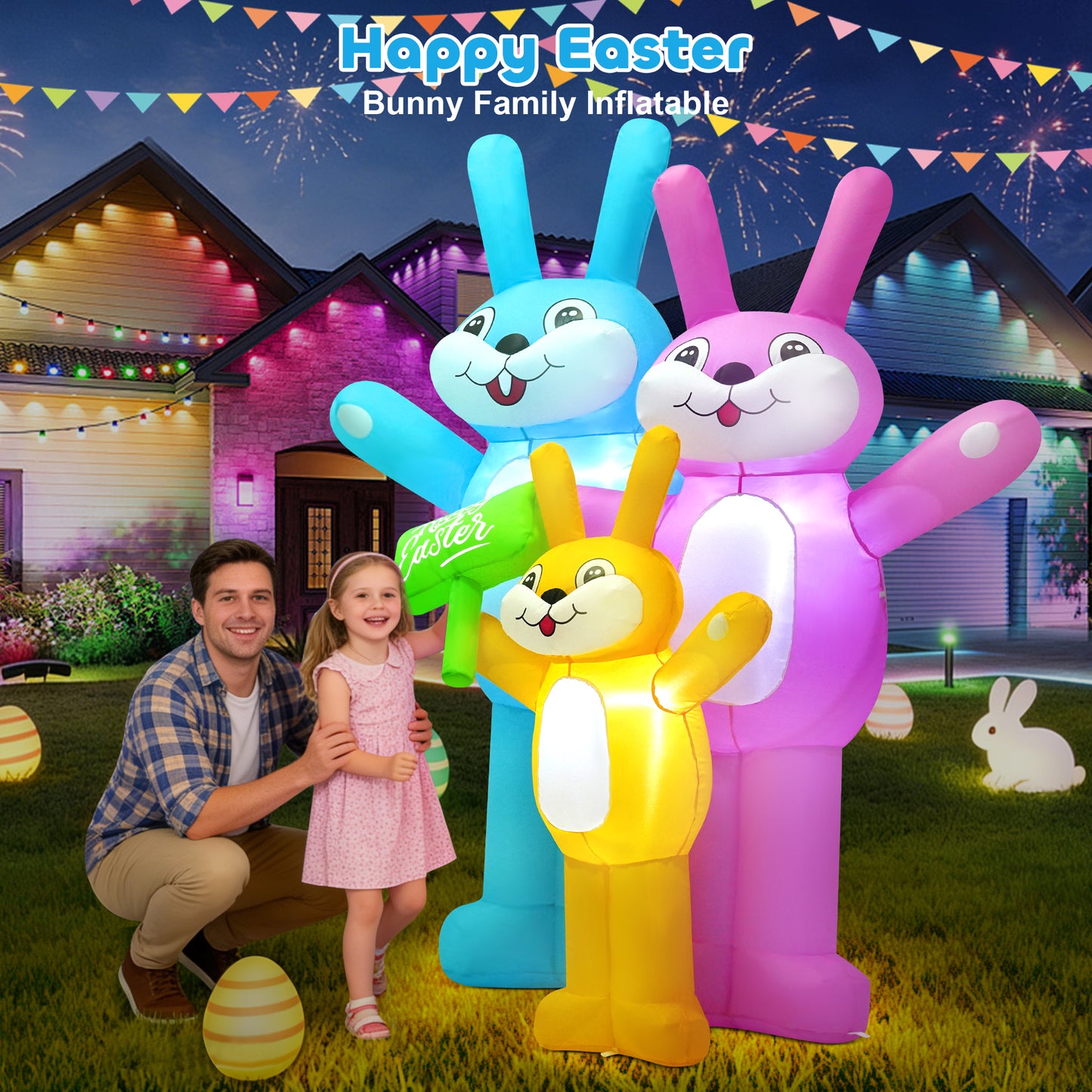 Yexmas 6FT Easter Inflatable Bunny Outdoor Decorations,Colorful Blow-Up Rabbit Family with Built-in LED Lights,Easter Decor for Yard Garden Lawn