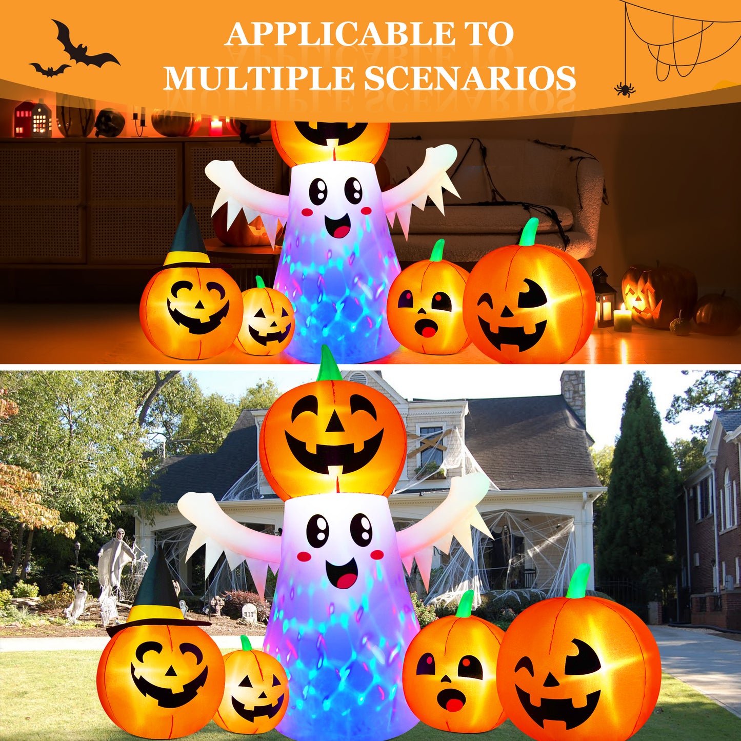 Yexmas 9.4ft Halloween Inflatable Pumpkins Outdoor Decor with Black Cat Tombstone and Spectre,Built-in LED Lights,for Halloween Party,Yard,Garden,Lawn