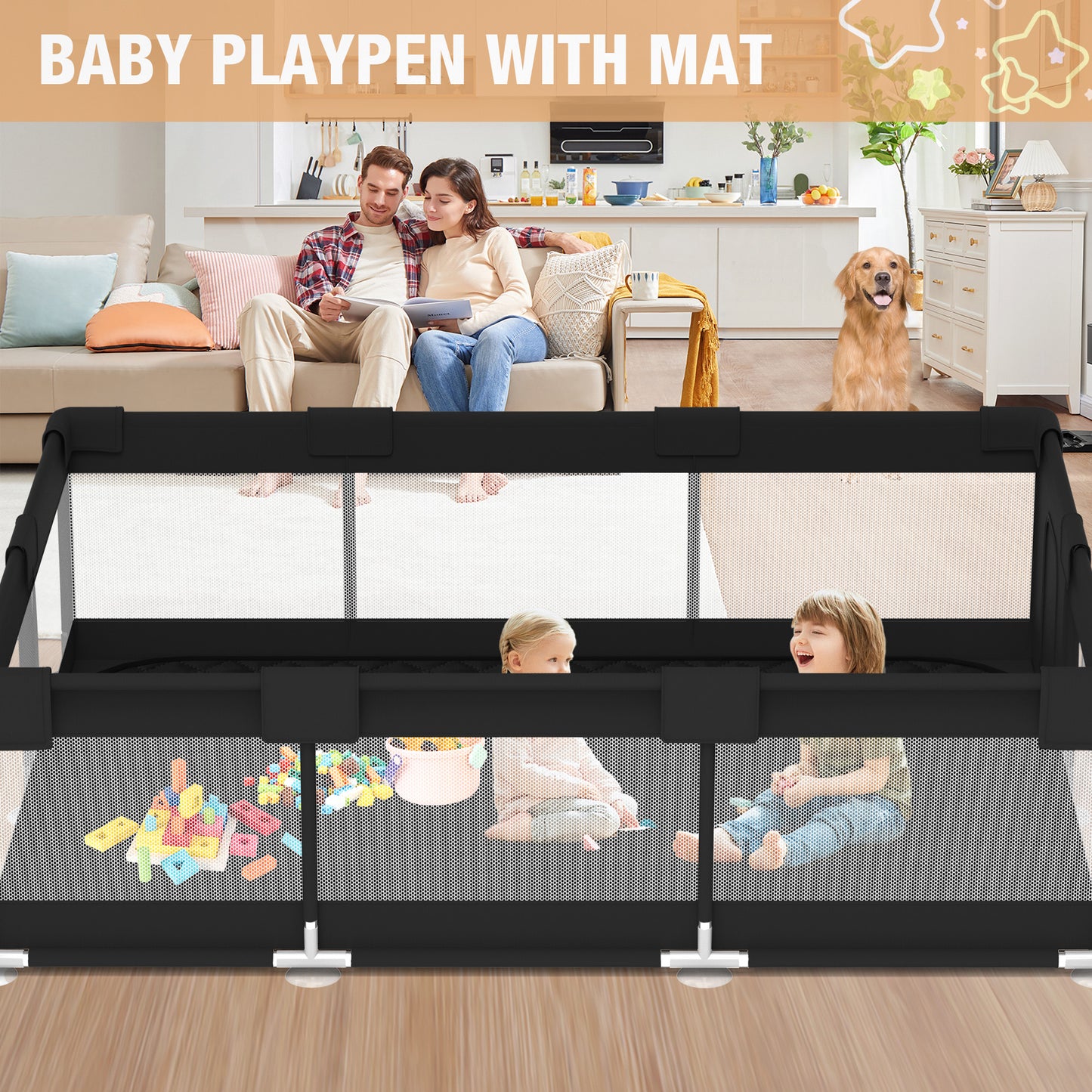 Babyeap Large Baby Playpen with Mat,71"x50"Playpen for Babies and Toddlers,Baby Play Yard Baby Fence Play Area Indoor Outdoor,Black