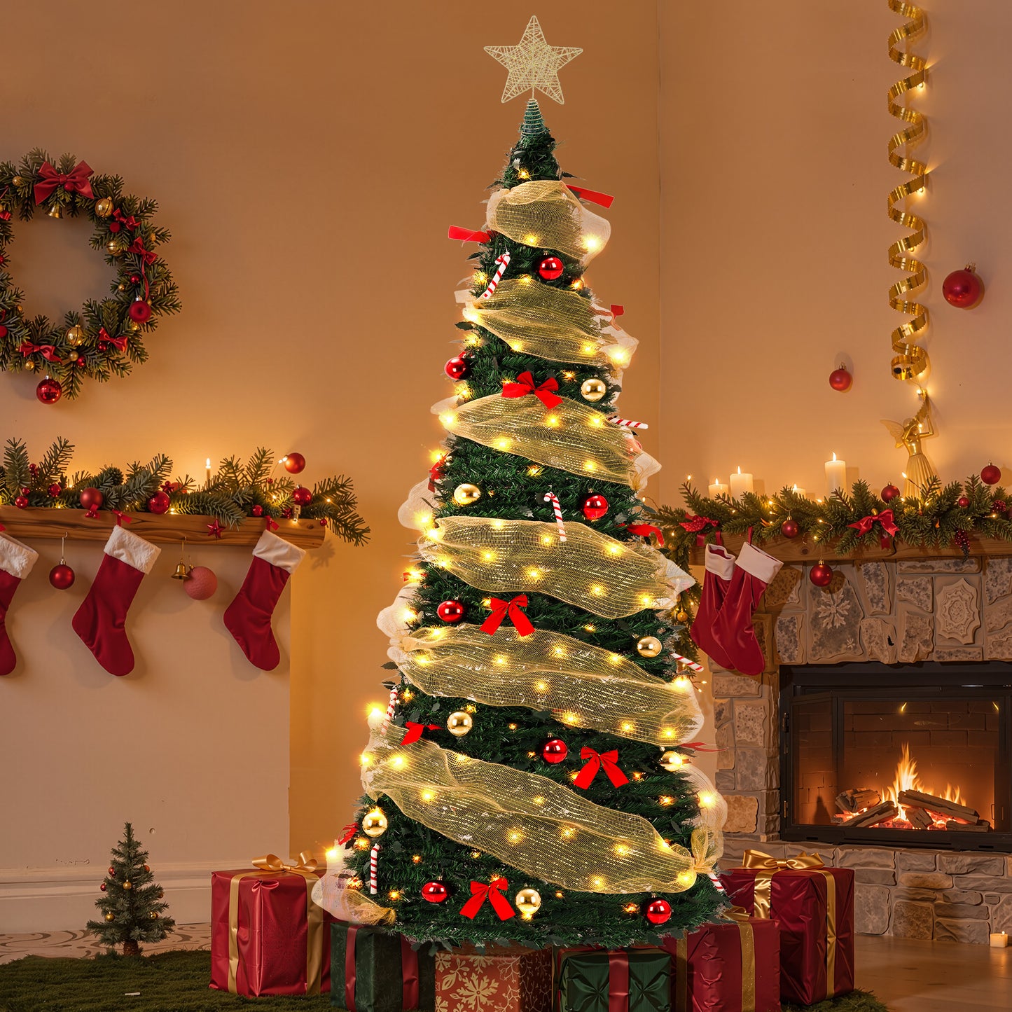 Yexmas 6FT Pop-Up Artificial Christmas Tree with 300LED Lights,Green Prelit Christmas Tree with Foldable Base