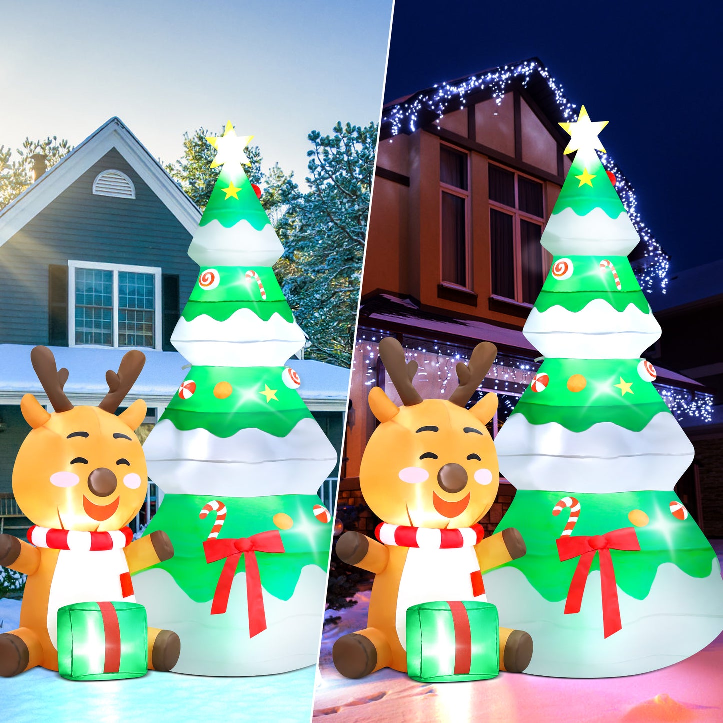 Lookfly 5.5 FT Large Outdoor Inflatable Christmas Tree with Santa Claus and Deer,Built-in LED Lights,Fun Blow Up Xmas Decor Suitable for Yard,Garden,Lawn