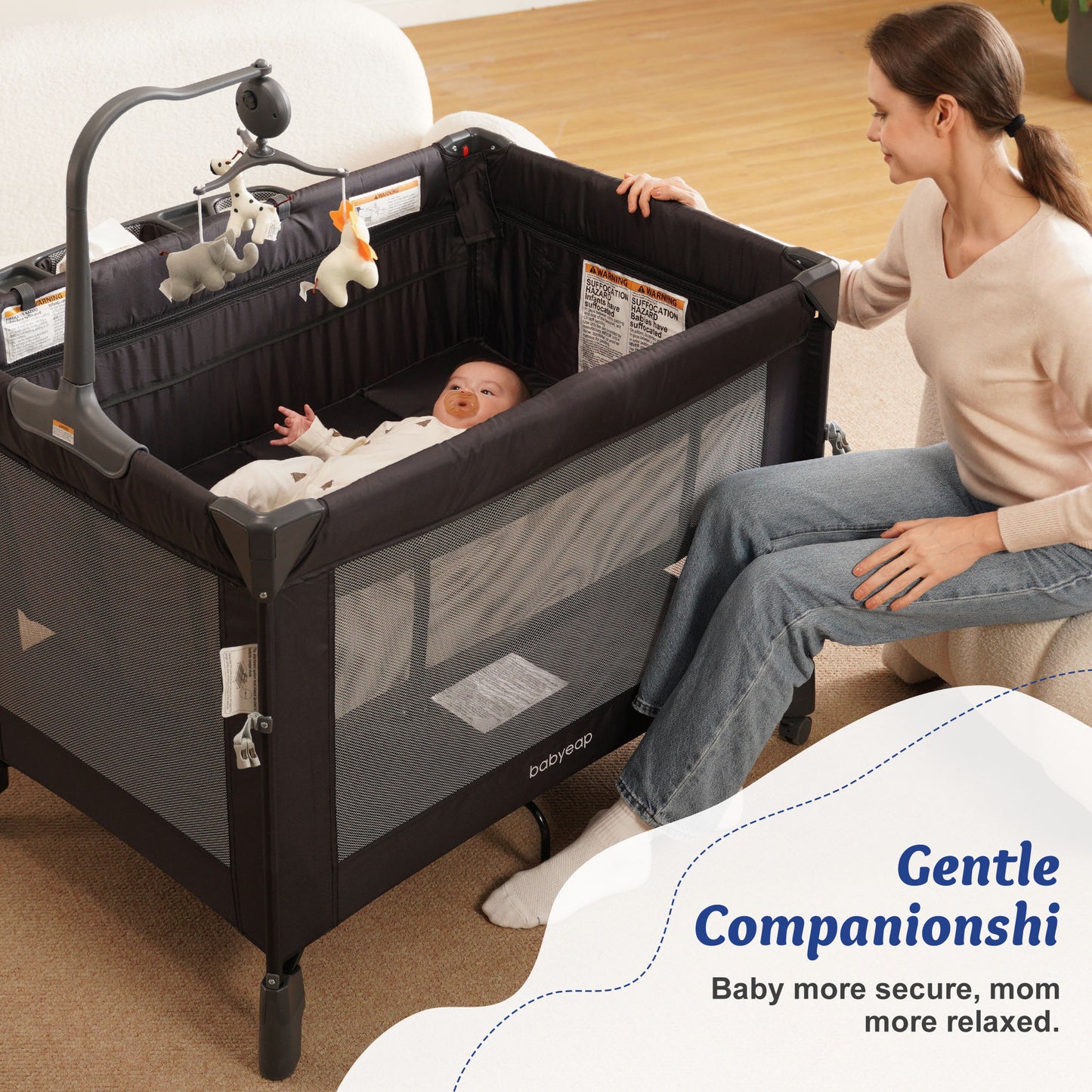 Babyeap 4in1 Baby Bassinet with Playard, 1-Step Fold Portable Playpen with Changing Table, Bedside Sleeper for Newborns, Black