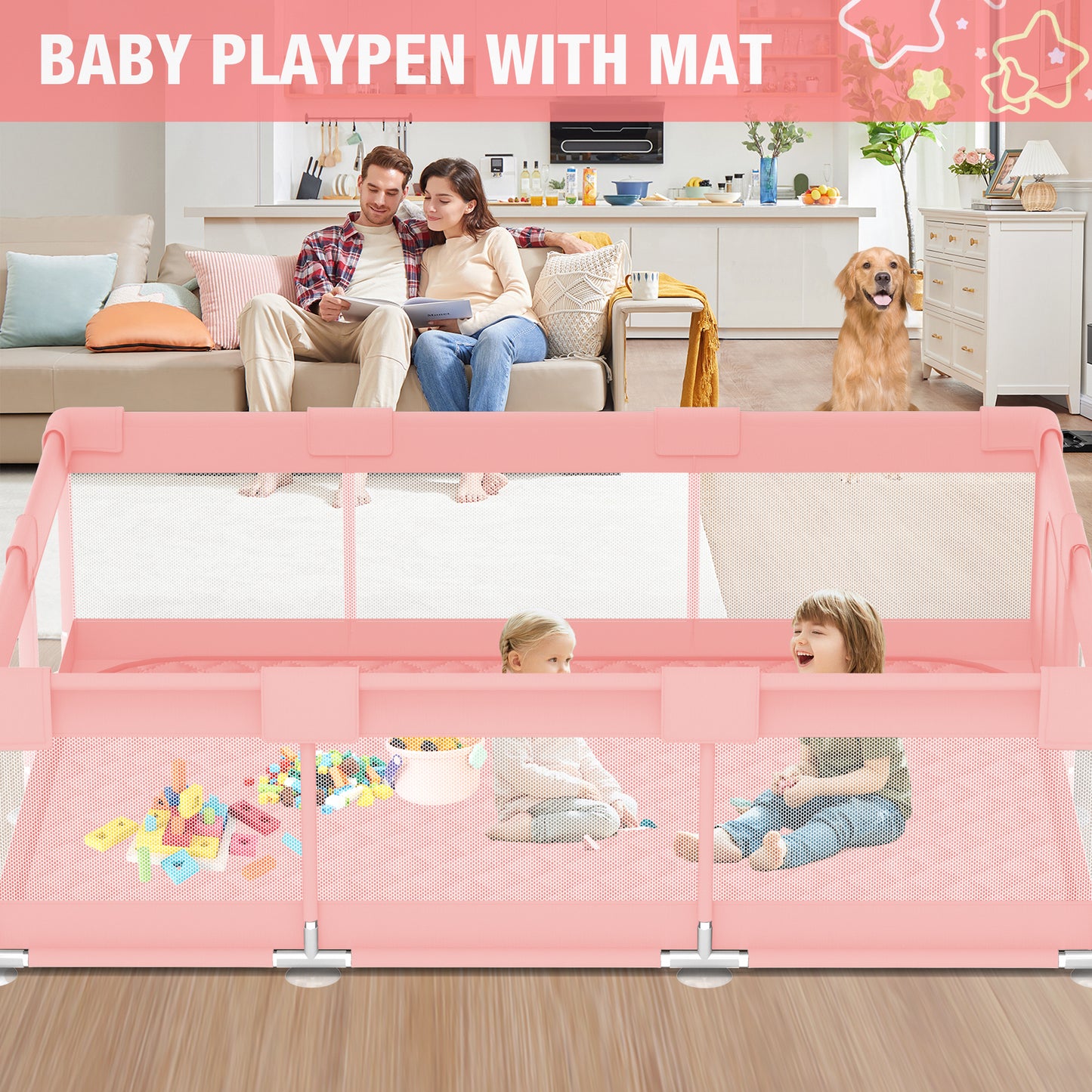 Babyeap Large Baby Playpen with Mat,71"x50"Playpen for Babies and Toddlers,Baby Play Yard Baby Fence Play Area Indoor Outdoor,Pink