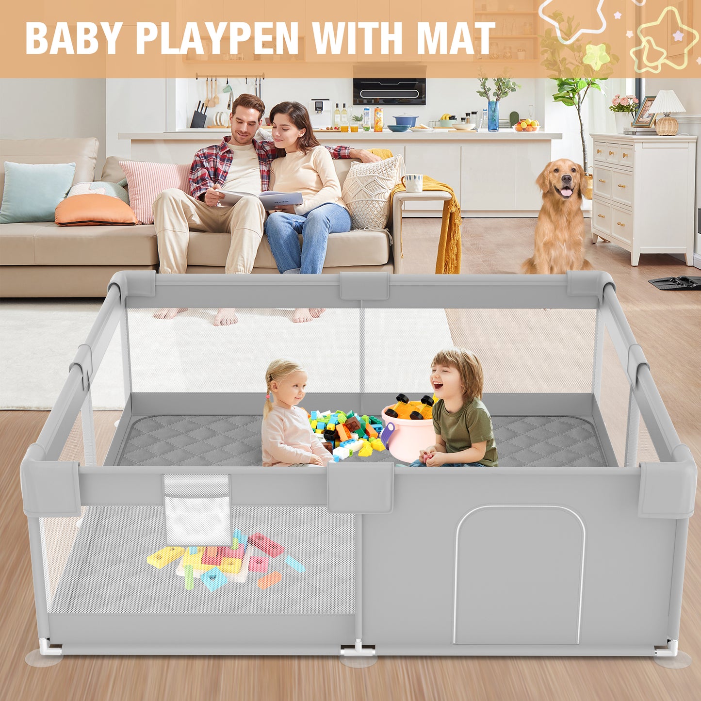 Babyeap Baby Playpen With Mat,50"x50"Play Pen for Babies and Toddlers,Play Yard With Gate for Indoor Outdoor,Light Gray