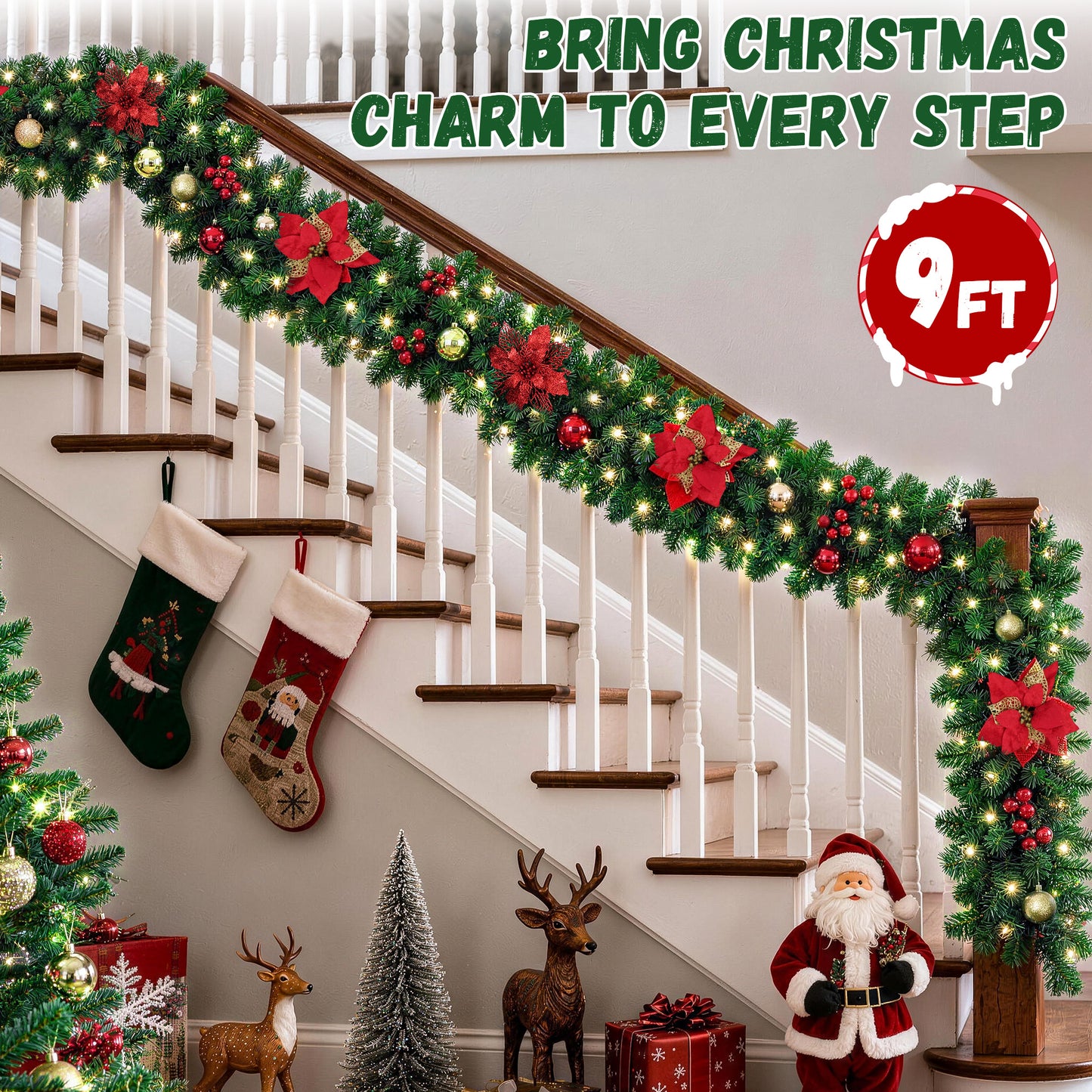 Yexmas 9FT Pre-Lit Christmas Garland with LED Lights,Decorated with Red Poinsettias,Berries and Ball Ornaments,Battery Operated Xmas Garland for Mantel,Stair,Door