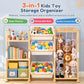 Babyeap 3-in-1 Wooden Toy Storage Organizer, Kids Bookshelf with 3 Removable Bins and Stuffed Animal Storage, Toy Holder for Playroom, Bedroom