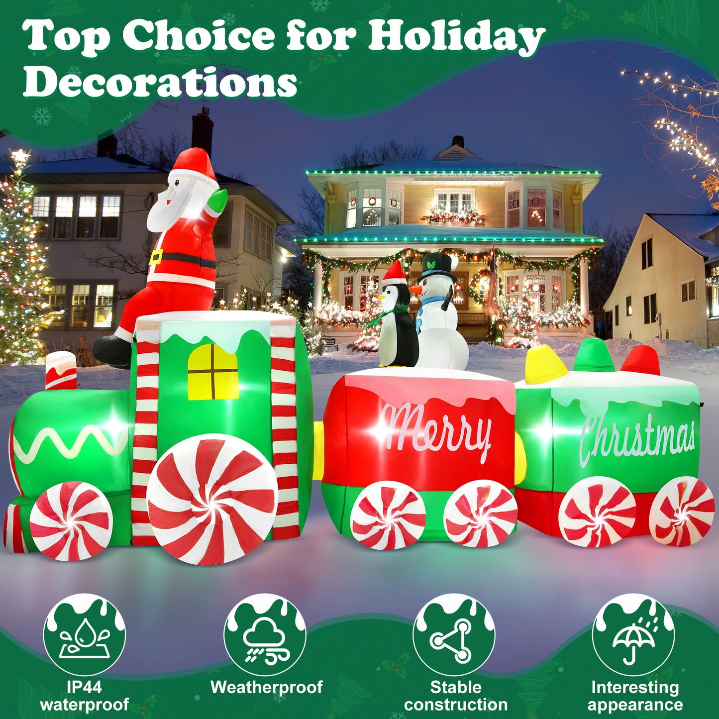 Yexmas 10.5ft Christmas Inflatable Train with Santa Snowman Penguin Dinosaur Corner Outdoor Lights Decorations for Holiday Decorations, Christmas Parties, Yard, Garden and Lawn