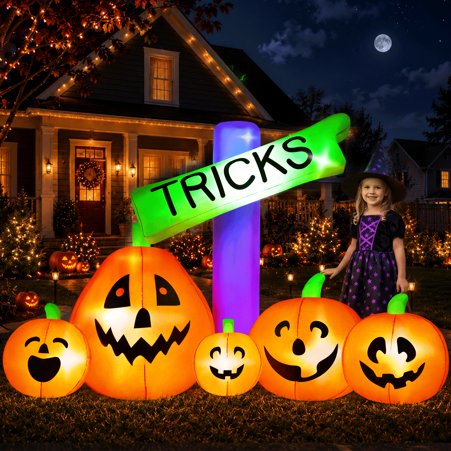 Yexmas 9FT Halloween Inflatable Decoration with TRICKS Sign and Pumpkins,Built-in LED Lights,Blow Up Halloween Yard Decor for Indoor/Outdoor Party,Yard,Lawn