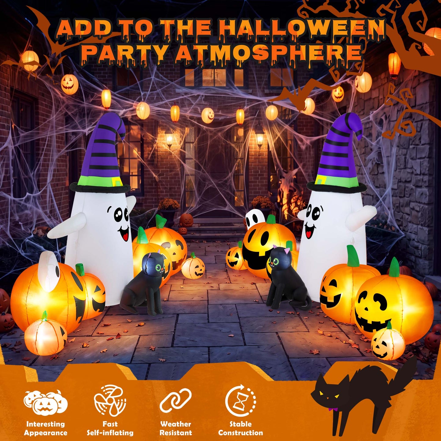 Yexmas 8 FT Long Halloween Inflatable Ghost with Witch Hat, 6 Pumpkins Halloween Blow Ups with Black Cat for Halloween Party Outdoor Yard Garden Lawn Decor