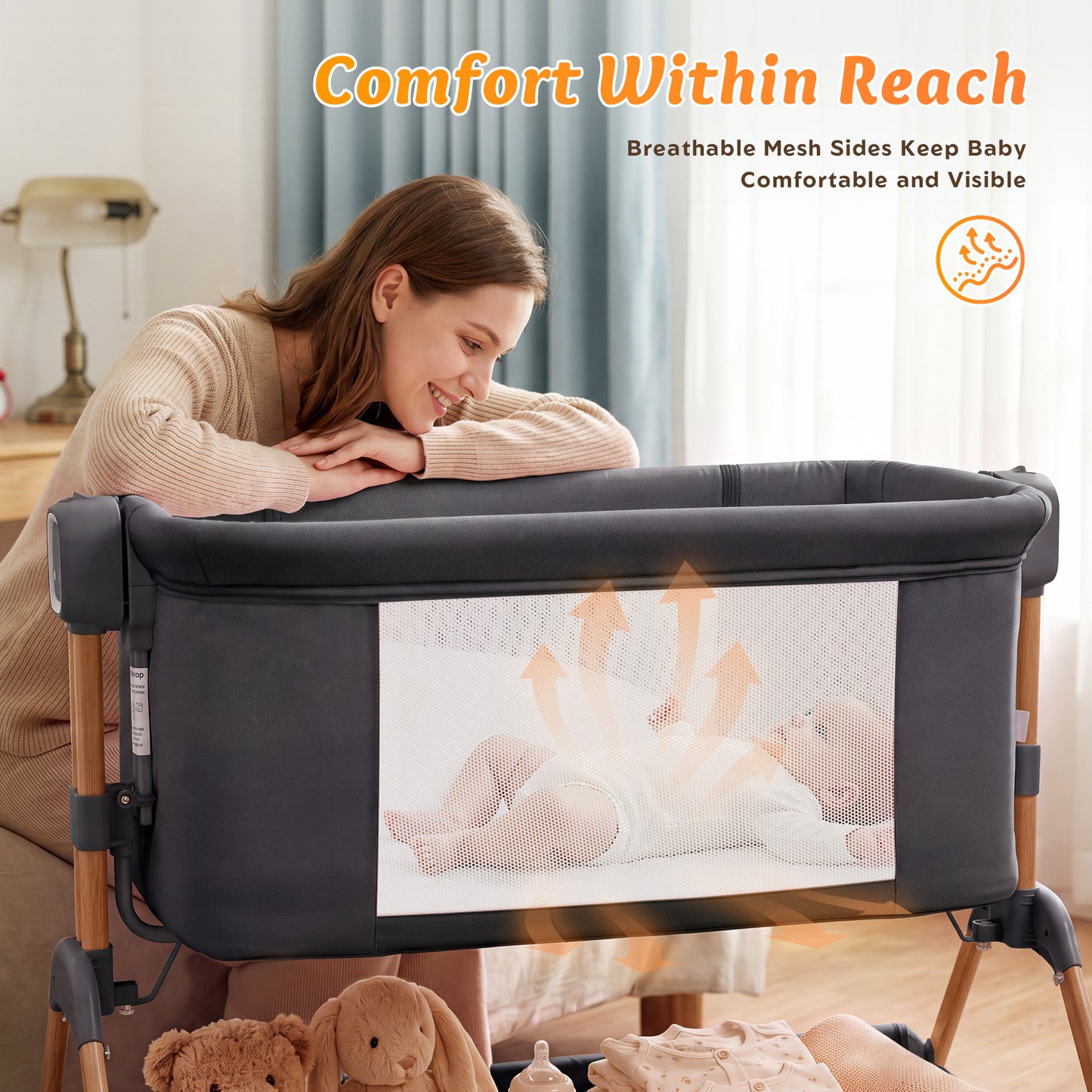 Babyeap 3-in-1 Baby Bassinet, Adjustable Bedside Sleeper with Gentle Rocking Motion, Storage Basket and Wheels for Infants, Gray