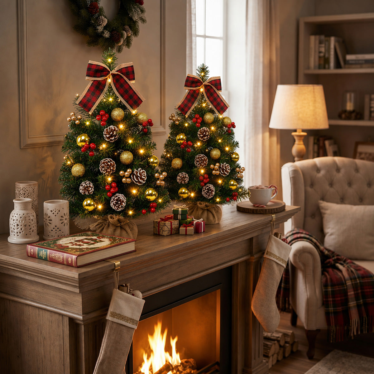 Yexmas 2PCS Pre-lit Artificial Mini Christmas Tree,24 Inch Small Tabletop Xmas Tree for Indoor Outdoor Christmas Decor