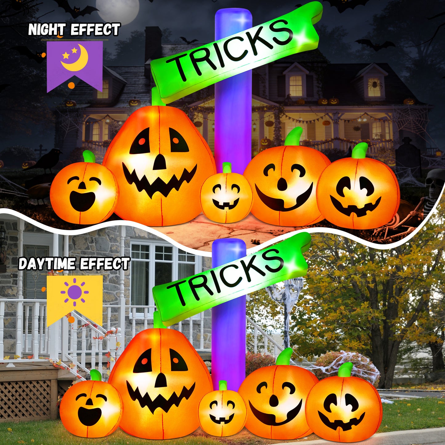 Yexmas 9FT Halloween Inflatable Decoration with TRICKS Sign and Pumpkins,Built-in LED Lights,Blow Up Halloween Yard Decor for Indoor/Outdoor Party,Yard,Lawn