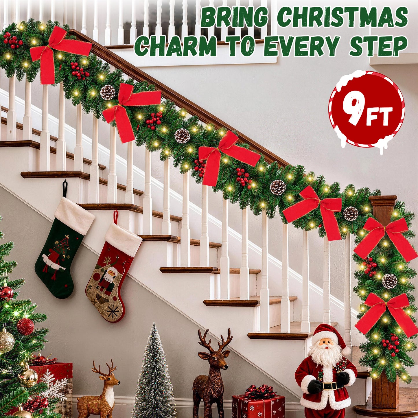 Yexmas 9FT Pre-Lit Christmas Garland with LED Lights, Decorated with Bows, Pinecones and Berry Clusters, Battery Operated Xmas Garland for Mantel, Stair, Door