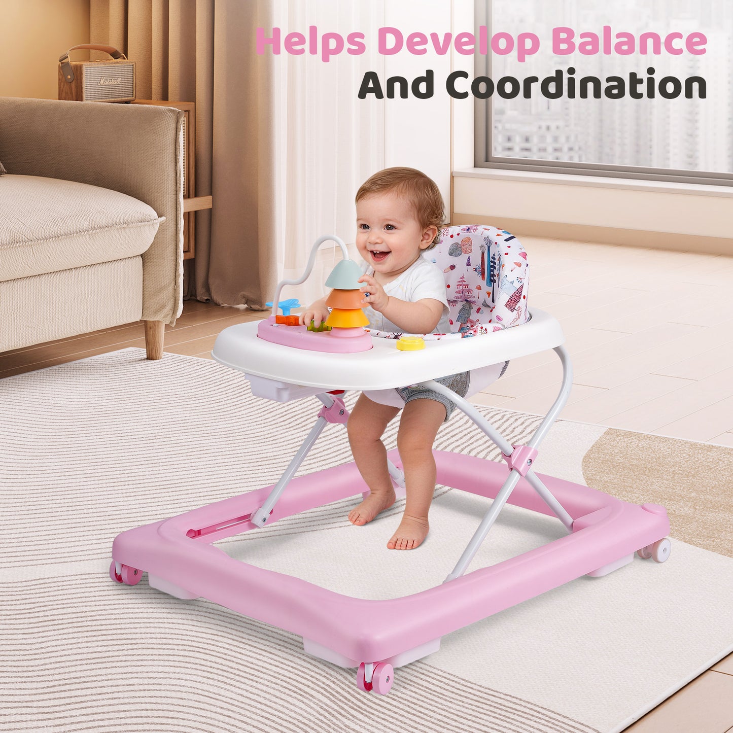 Babyeap Baby Walker,Foldable Baby Activity Walker with Wheels,Toddler Activity Centers,Removable Toys,Ages 6 Months +,Pink